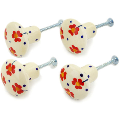 Polish Pottery Set of 4 Drawer Pull Knobs 1-1/2 inch Red Primrose