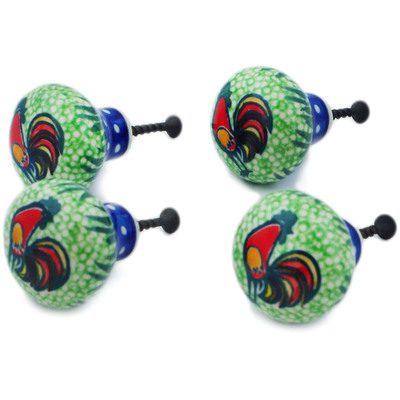 Polish Pottery Set of 4 Drawer Pull Knobs 1-1/2 inch Rooster Parade UNIKAT