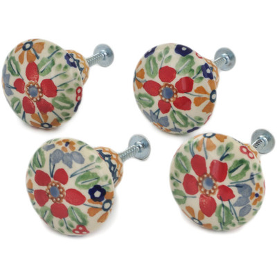 Polish Pottery Set of 4 Drawer Pull Knobs 1-1/2 inch Ruby Bouquet UNIKAT