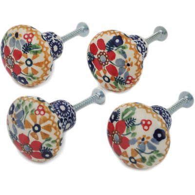 Polish Pottery Set of 4 Drawer Pull Knobs 1-1/2 inch Summer Bouquet UNIKAT