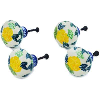 Polish Pottery Set of 4 Drawer Pull Knobs 1-1/2 inch Sweet Heart Yellow