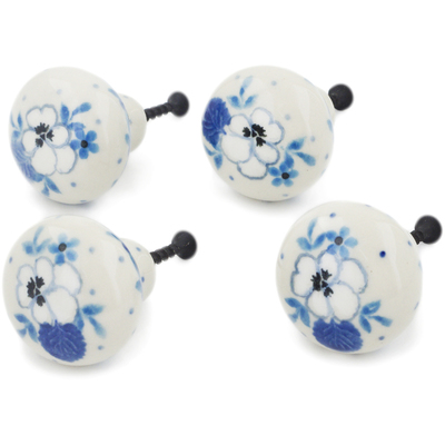 Polish Pottery Set of 4 Drawer Pull Knobs 1-1/2 inch White Pansy