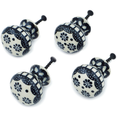 Polish Pottery Set of 4 Drawer Pull Knobs Black Lace