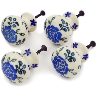 Polish Pottery Set of 4 Drawer Pull Knobs Blue Camellia