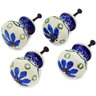 Polish Pottery Set of 4 Drawer Pull Knobs Blue Fan Flowers