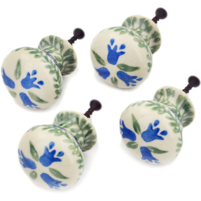 Polish Pottery Set of 4 Drawer Pull Knobs Blue Tulip