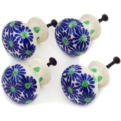 Polish Pottery Set of 4 Drawer Pull Knobs Periwinkle Blues