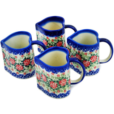 Polish Pottery Set of 4 Heart-Shaped Mugs in Different Patterns Scattered Roses UNIKAT