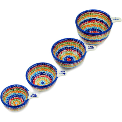 Polish Pottery Set of 4 Measuring Cups Rainbow Chains UNIKAT