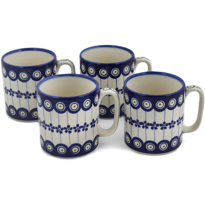 Polish Pottery Set of 4 Mugs Floral Peacock