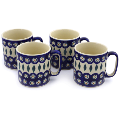 Polish Pottery Set of 4 Mugs Peacock