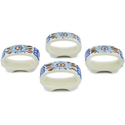 Polish Pottery Set of 4 Napkin Rings Brown And Blue Beauty UNIKAT