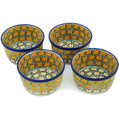 Polish Pottery Set of 4 ramekin bowls Popcorn Daisies UNIKAT