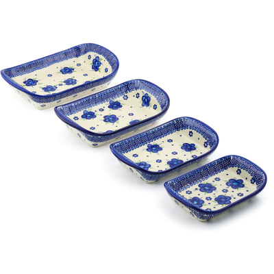 Polish Pottery Set of 4 Rectangular Bakers 11&quot; Bleu-belle Fleur