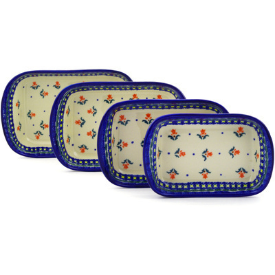 Polish Pottery Set of 4 Rectangular Bakers 11&quot; Cocentric Tulips