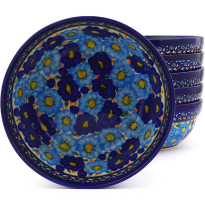 Polish Pottery Set of 6 Bowls 7&quot; Baby Blue Bouquet UNIKAT