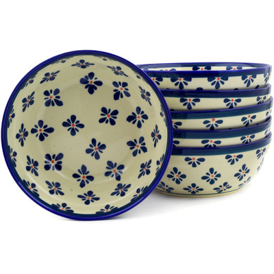 Polish Pottery Set of 6 Bowls 7&quot; Black Gangam Flower