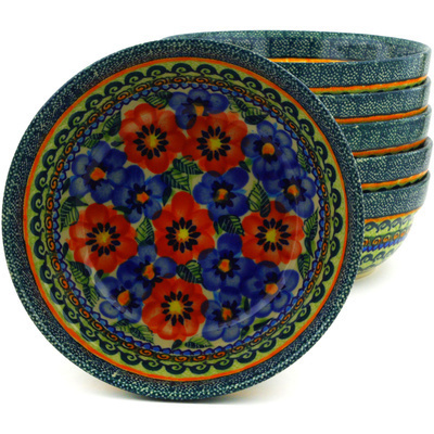 Polish Pottery Set of 6 Bowls 7&quot; Blue And Red Poppies UNIKAT