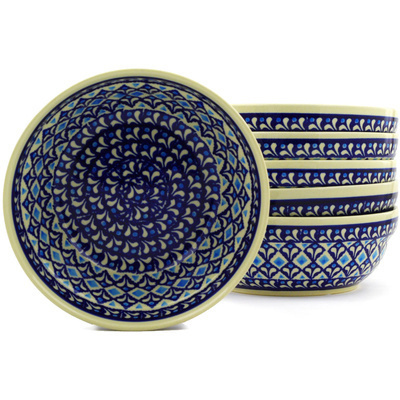 Polish Pottery Set of 6 Bowls 7&quot; Blue Diamond