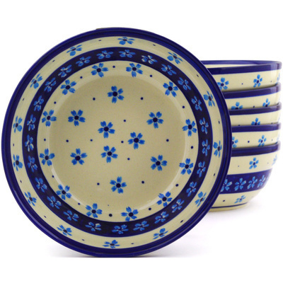 Polish Pottery Set of 6 Bowls 7&quot; Blue Forget-me-nots