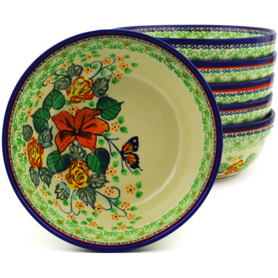 Polish Pottery Set of 6 Bowls 7&quot; Butterfly Meadow UNIKAT