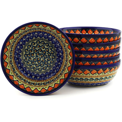 Polish Pottery Set of 6 Bowls 7&quot; Coral Diamonds UNIKAT