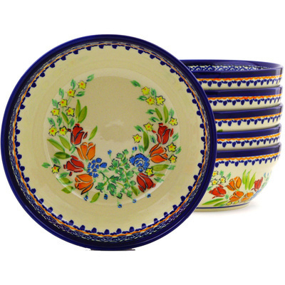 Polish Pottery Set of 6 Bowls 7&quot; Couronne De Feuillage UNIKAT