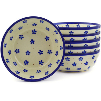 Polish Pottery Set of 6 Bowls 7&quot; Daisy Field