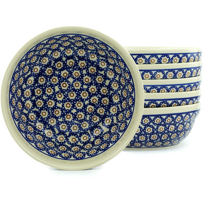 Polish Pottery Set of 6 Bowls 7&quot; Daisy Stamps