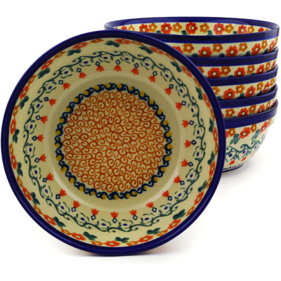 Polish Pottery Set of 6 Bowls 7&quot; Floral Waltz UNIKAT