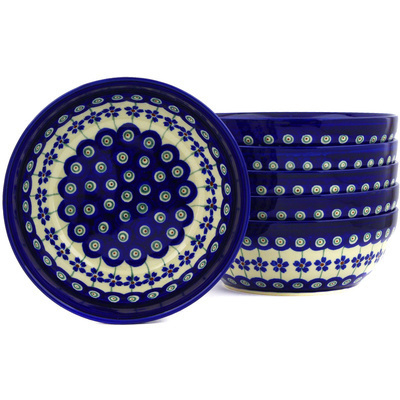 Polish Pottery Set of 6 Bowls 7&quot; Flowering Peacock