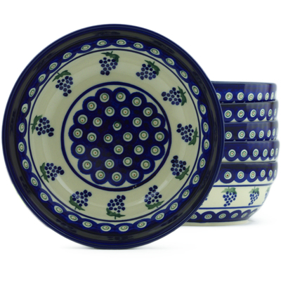 Polish Pottery Set of 6 Bowls 7&quot; Grape Peacock