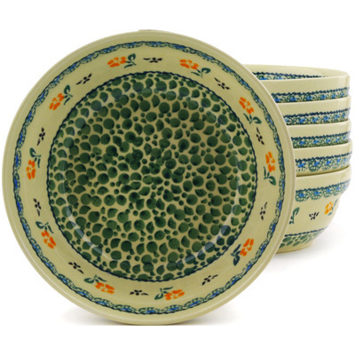 Polish Pottery Set of 6 Bowls 7&quot; Green Bubbles