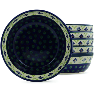 Polish Pottery Set of 6 Bowls 7&quot; Green Gingham Peacock