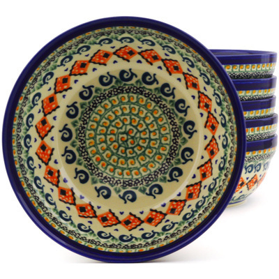 Polish Pottery Set of 6 Bowls 7&quot; Green Mosaic UNIKAT