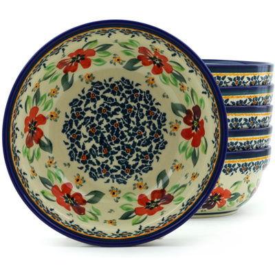 Polish Pottery Set of 6 Bowls 7&quot; Nightingale Flower