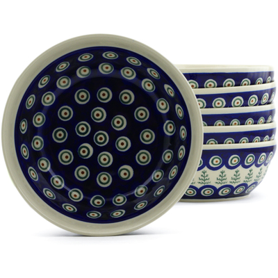 Polish Pottery Set of 6 Bowls 7&quot; Peacock Christmas