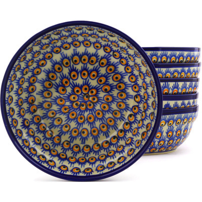 Polish Pottery Set of 6 Bowls 7&quot; Peacock Feathers