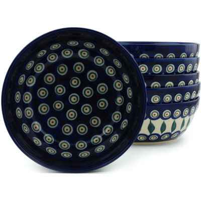 Polish Pottery Set of 6 Bowls 7&quot; Peacock Leaves