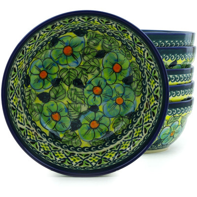 Polish Pottery Set of 6 Bowls 7&quot; Peek-a-blue UNIKAT