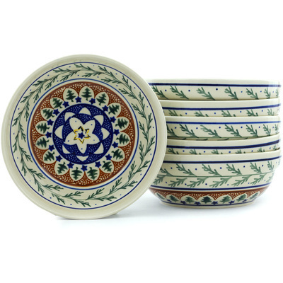 Polish Pottery Set of 6 Bowls 7&quot; Pine Boughs