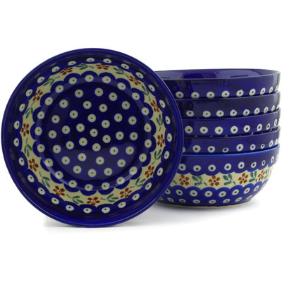 Polish Pottery Set of 6 Bowls 7&quot; Red Daisy Peacock