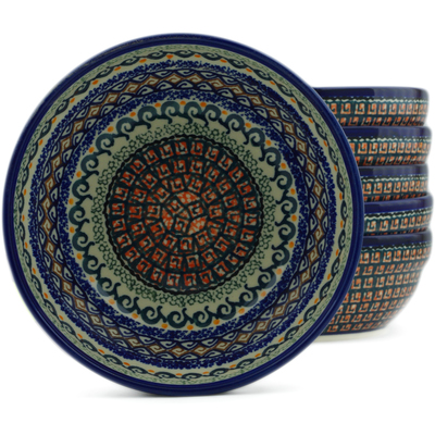 Polish Pottery Set of 6 Bowls 7&quot; Red Mosaic UNIKAT