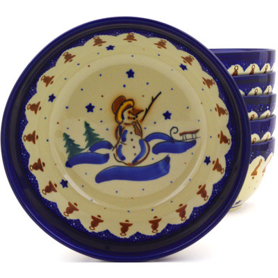 Polish Pottery Set of 6 Bowls 7&quot; Snowman Bells