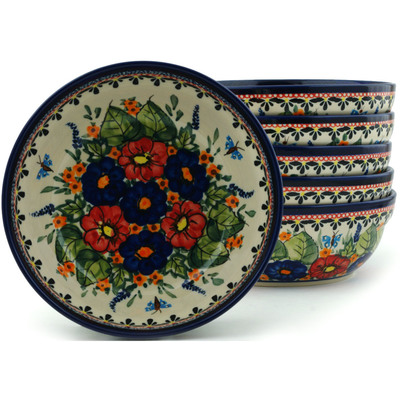 Polish Pottery Set of 6 Bowls 7&quot; Spring Splendor UNIKAT