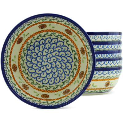 Polish Pottery Set of 6 Bowls 7&quot; Sunflower Waves