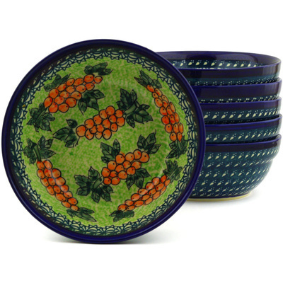 Polish Pottery Set of 6 Bowls 7&quot; Vineyard Grapes UNIKAT