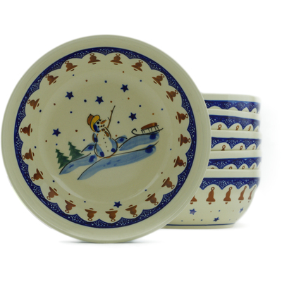 Polish Pottery Set of 6 Bowls 7&quot; Winter Snowman