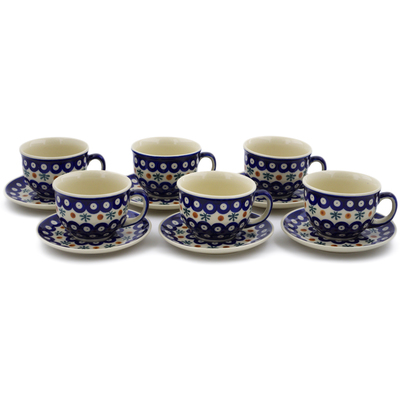 Polish Pottery Set of 6 Cups with Saucers Mosquito