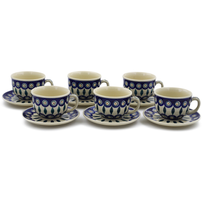 Polish Pottery Set of 6 Cups with Saucers Peacock